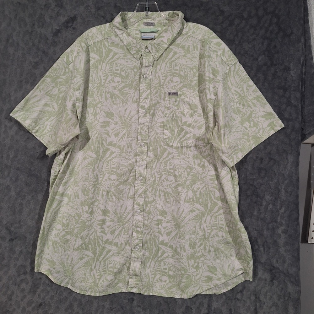 Columbia Mens XXL Regular Fit Tropical Palm Leaf Button Down Shirt Green White